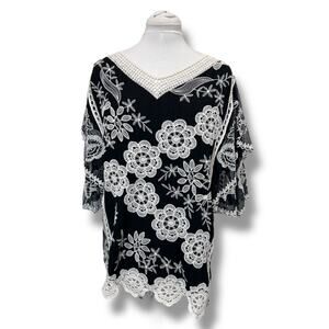 Sapphire Womens Tunic Top Crochet Lace Butterfly Wing Net Black Large Pullover L